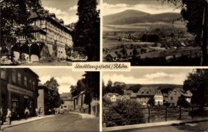 Postkarte zeigt Kurklinik, Ansicht der Landschaft, Marktstraße und Torstraße um 1963